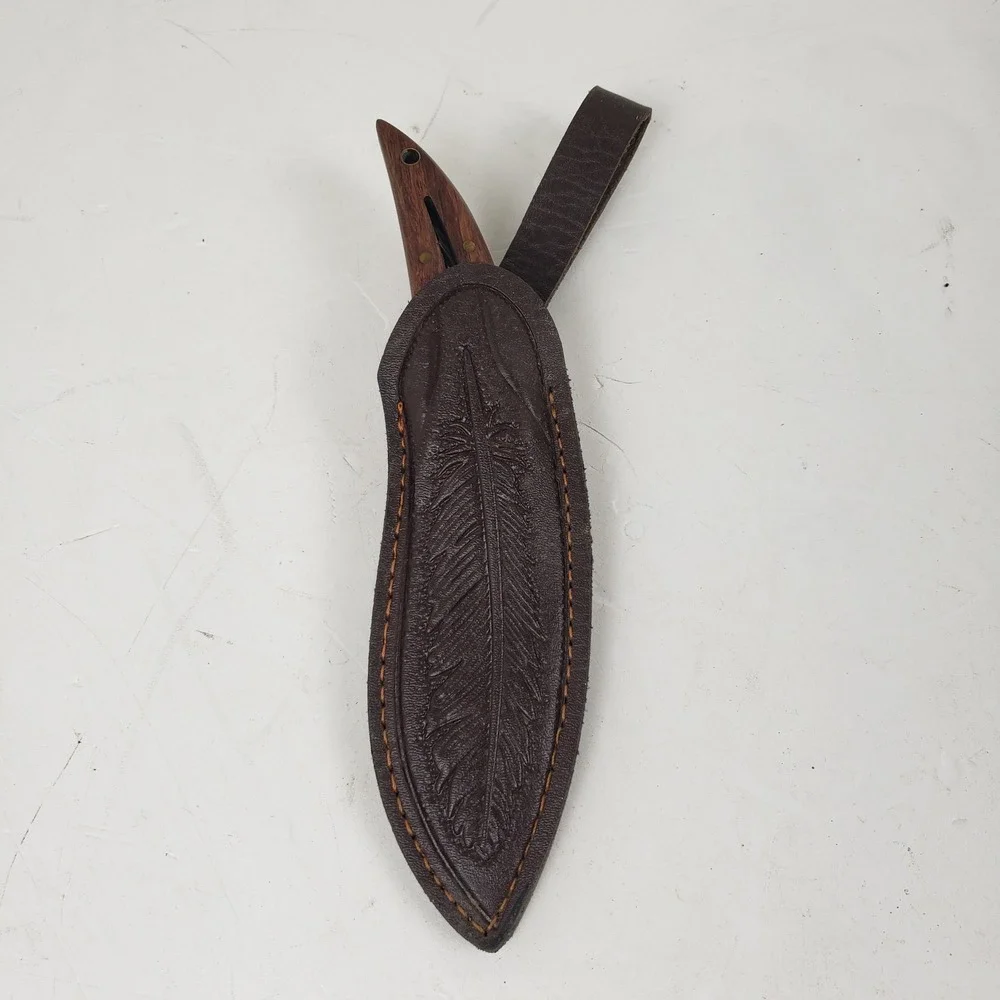 Custom Damascus Steel Feather Blade Hunting Knife Wood Handle Leather Sheath 8in